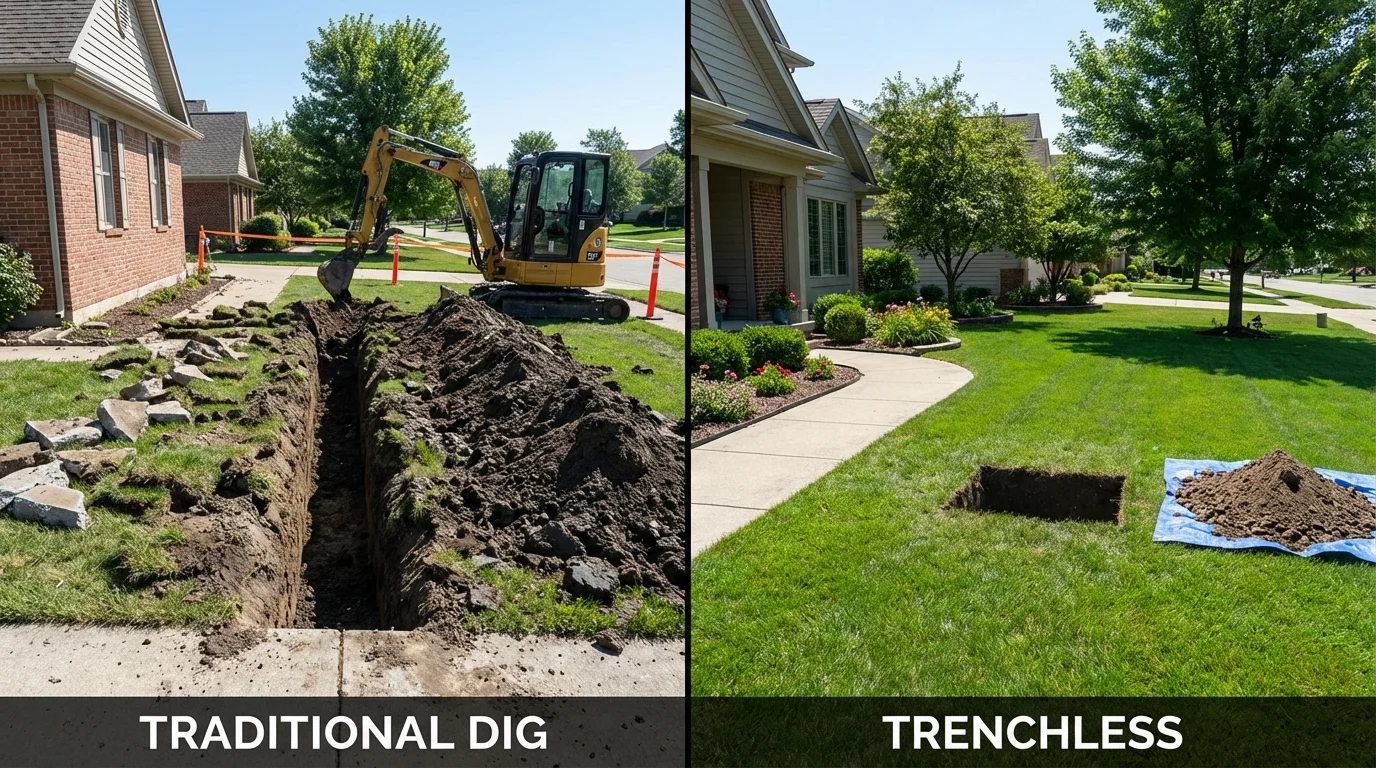Trenchless sewer repair with minimal yard damage versus traditional excavation in Jefferson, IA