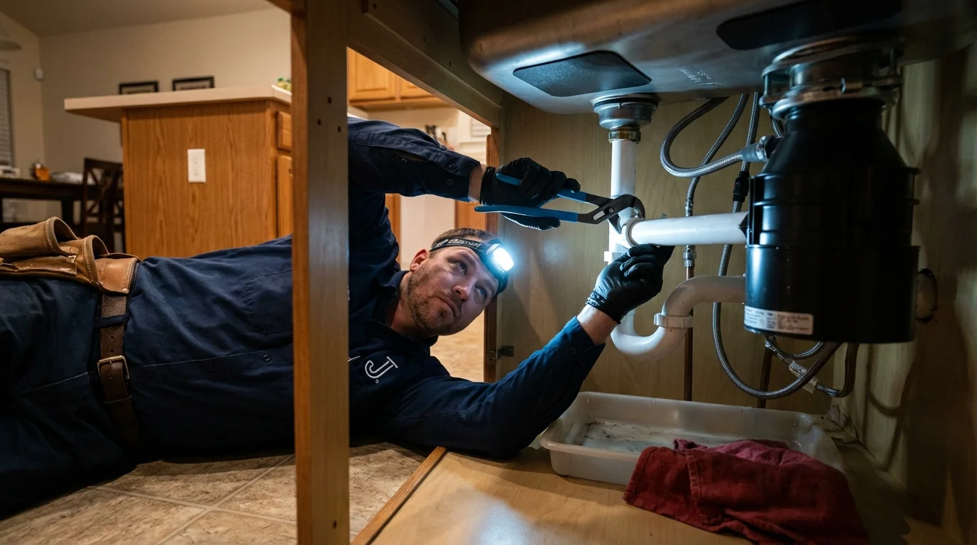 P-trap and supply line connections under a kitchen sink showing a common leak point in Jefferson, IA